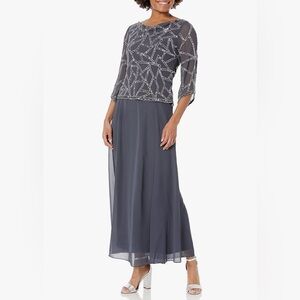 Jkara Women's Plus Size Grey Beaded Cowl Neck Gown With Sequin Overlay 18w NWT's